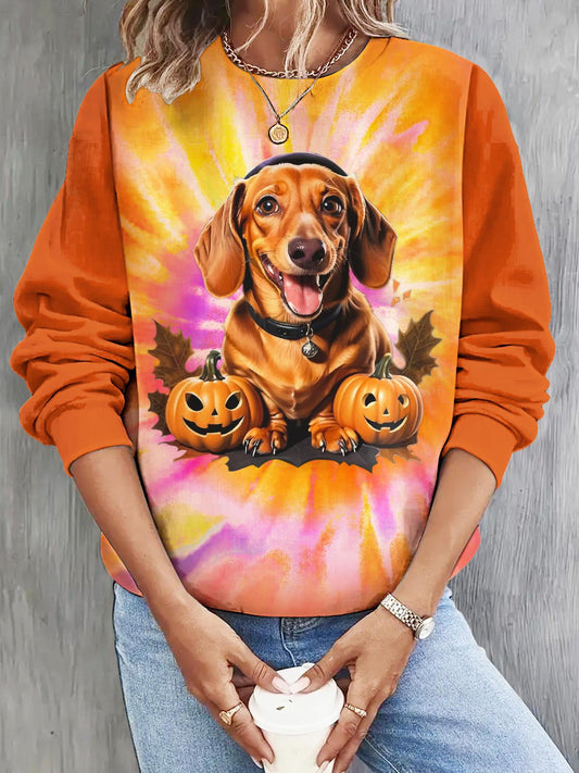 Halloween Funny Dog Pumpkin Long Sleeve Casual Top