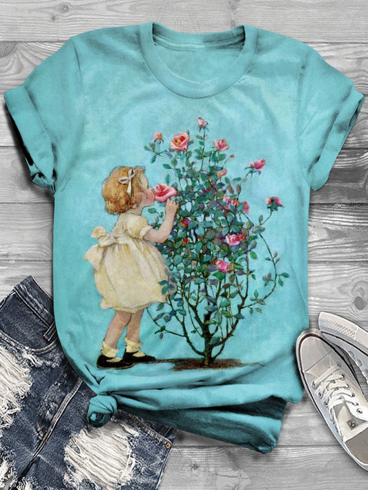 Vintage Girls Pastoral Floral Print Casual T-shirt