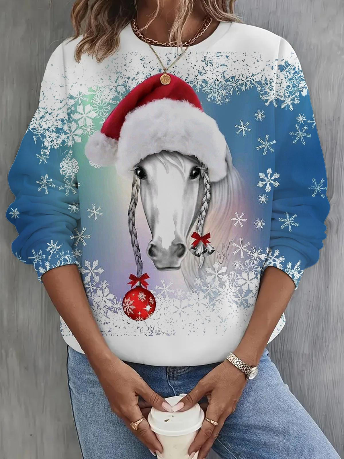 Horse With Santa Hat Print Long Sleeve Casual Top