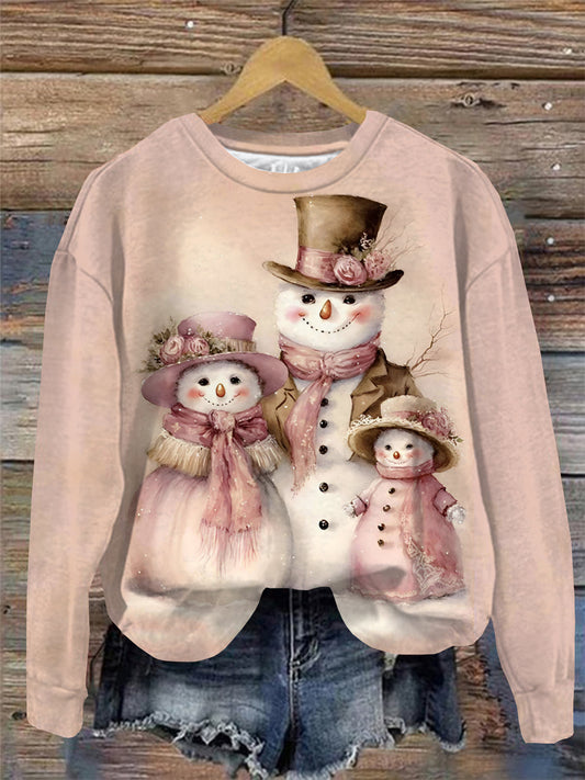 Women's Vintage Snowman Print Round Neck Long Sleeve Top