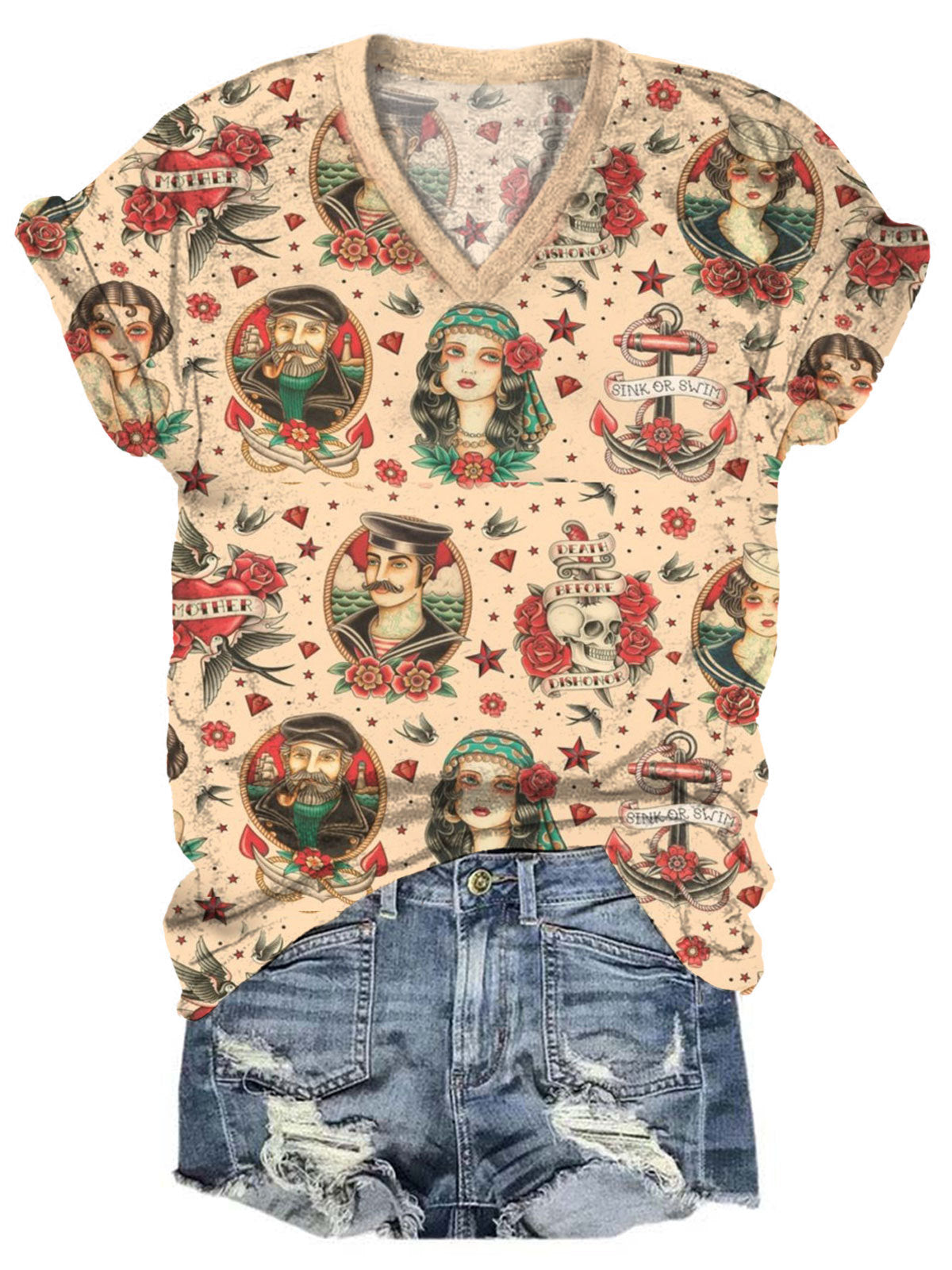 Vintage Sailor Print V-Neck Short Sleeve T-Shirt