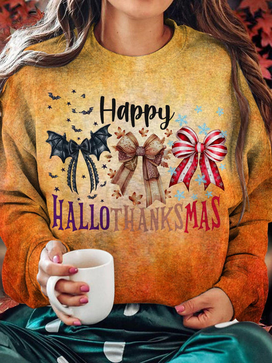 Women's Hallothanksmas Coquette Bow Round Neck Long Sleeve Top