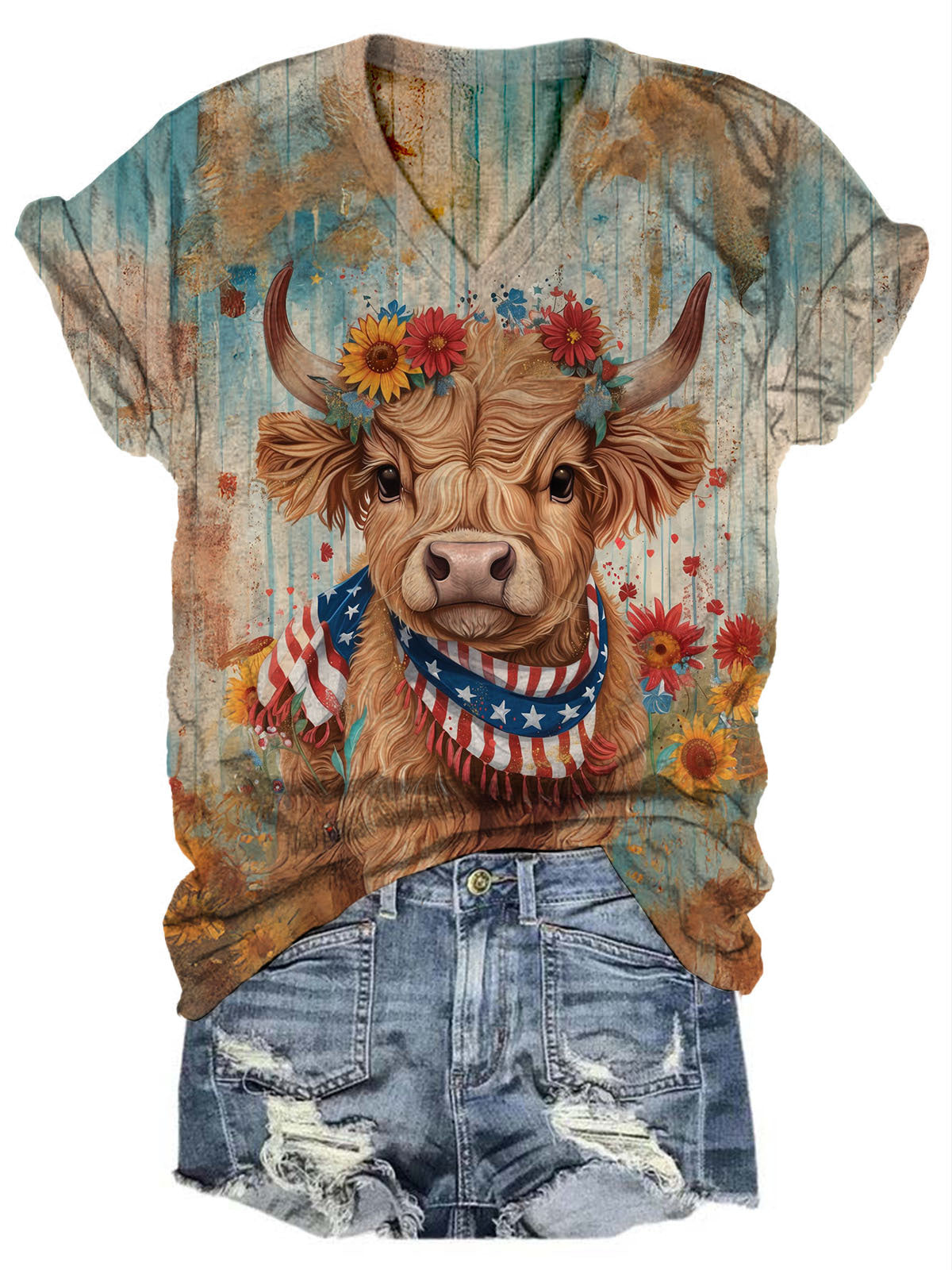 Women's Retro Cow Western Denim Floral Art Print Casual T-shirt