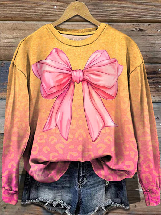 Women's Coquette Pink Bow Round Neck Long Sleeve Top