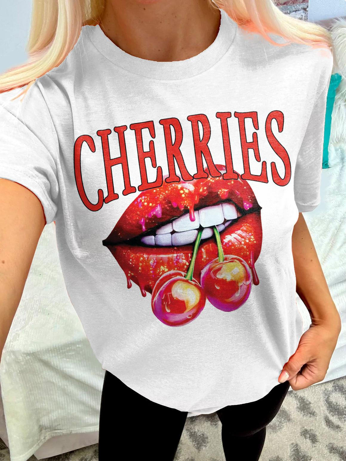 Cherry Red Lip Print Crew Neck T-shirt