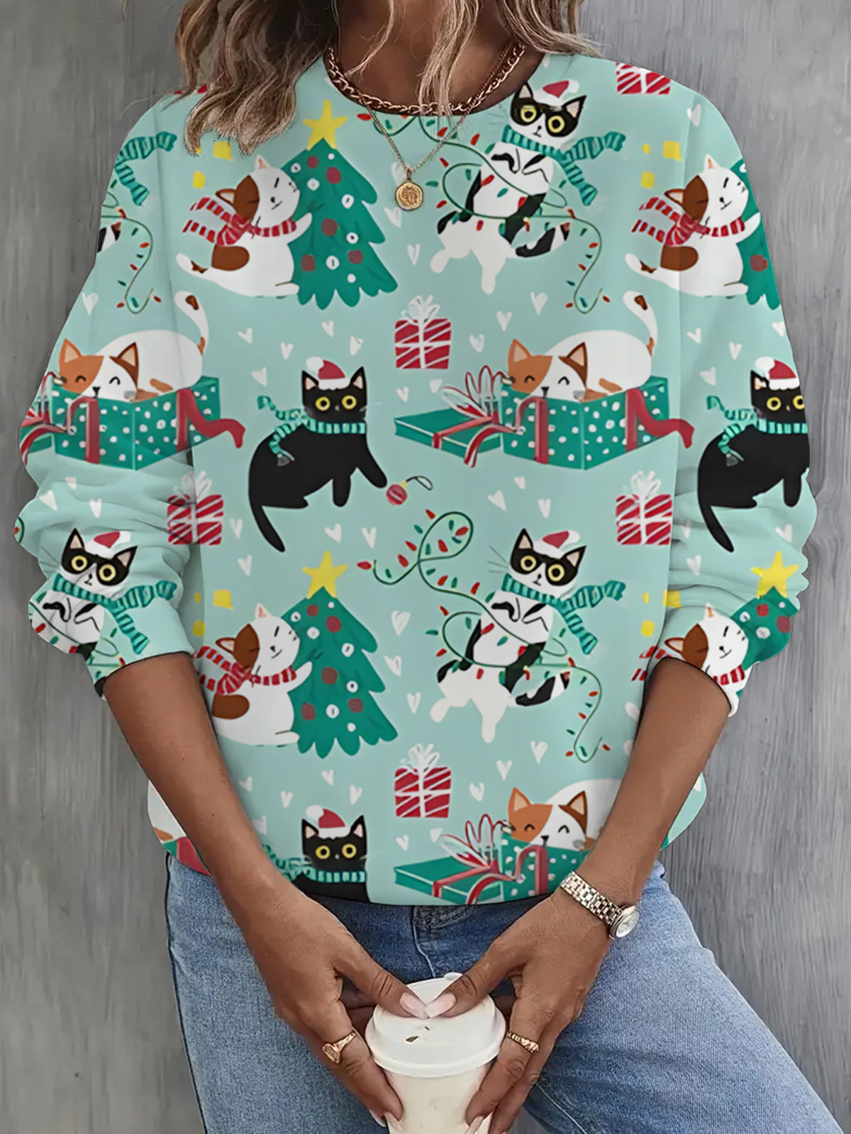 Women's Christmas Cat Long Sleeve Casual Top