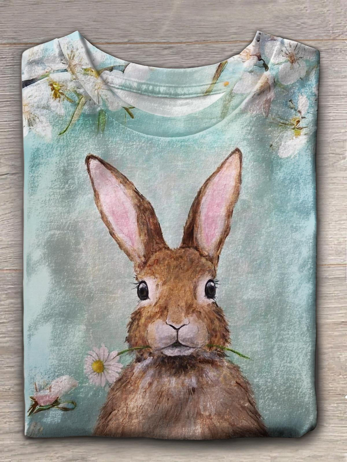 Easter Bunny With Flower In Mouth Crew Neck T-shirt