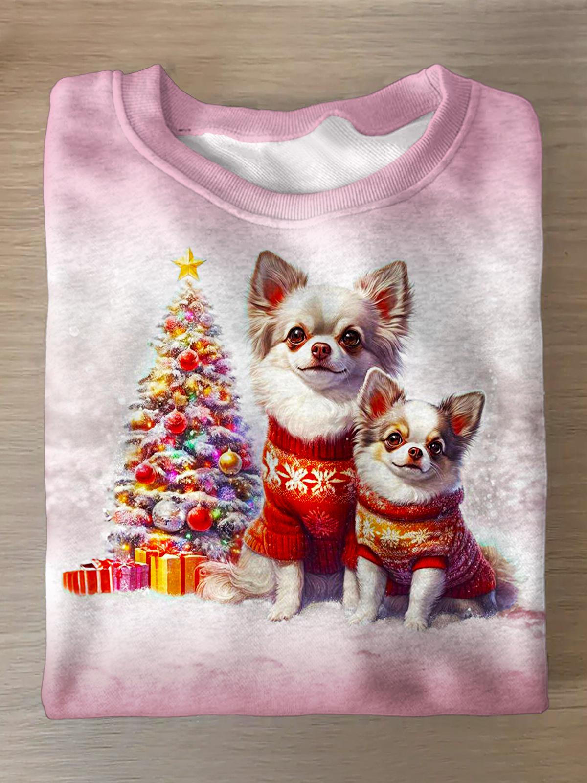 Women's Christmas Cartoon Puppy Printed Long Sleeve Casual Top