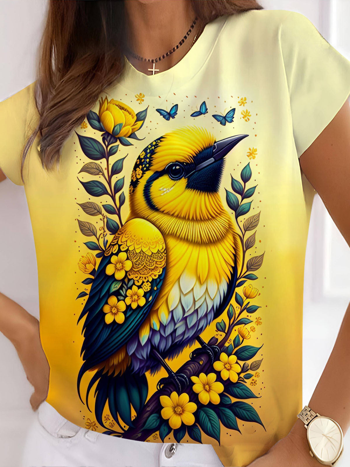 Women's Bird Print Crew Neck T-shirt