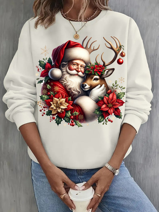 Women's Santa Claus And Deer Long Sleeve Casual Top