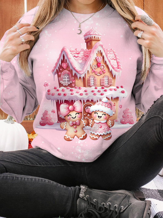 Women's Cute Christmas Gingerbread Round Neck Long Sleeve Top