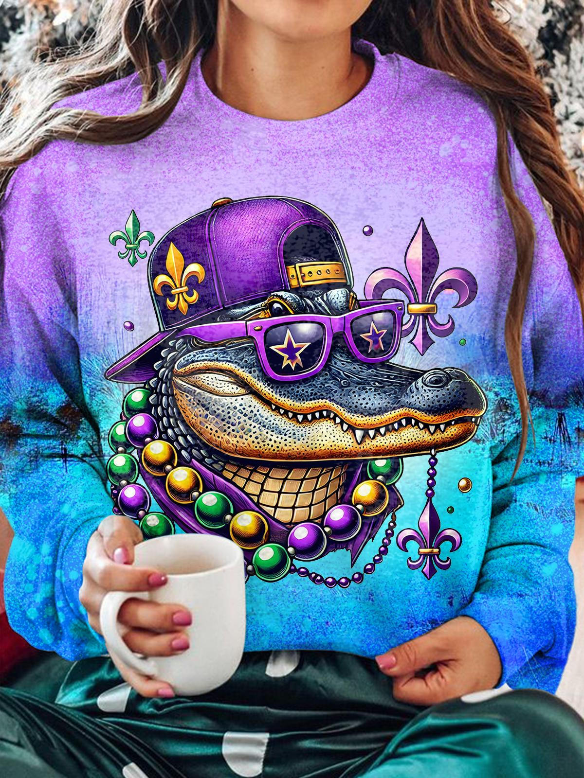 Happy Mardi Gras Pearl Crocodile Fun Print Long Sleeve Top