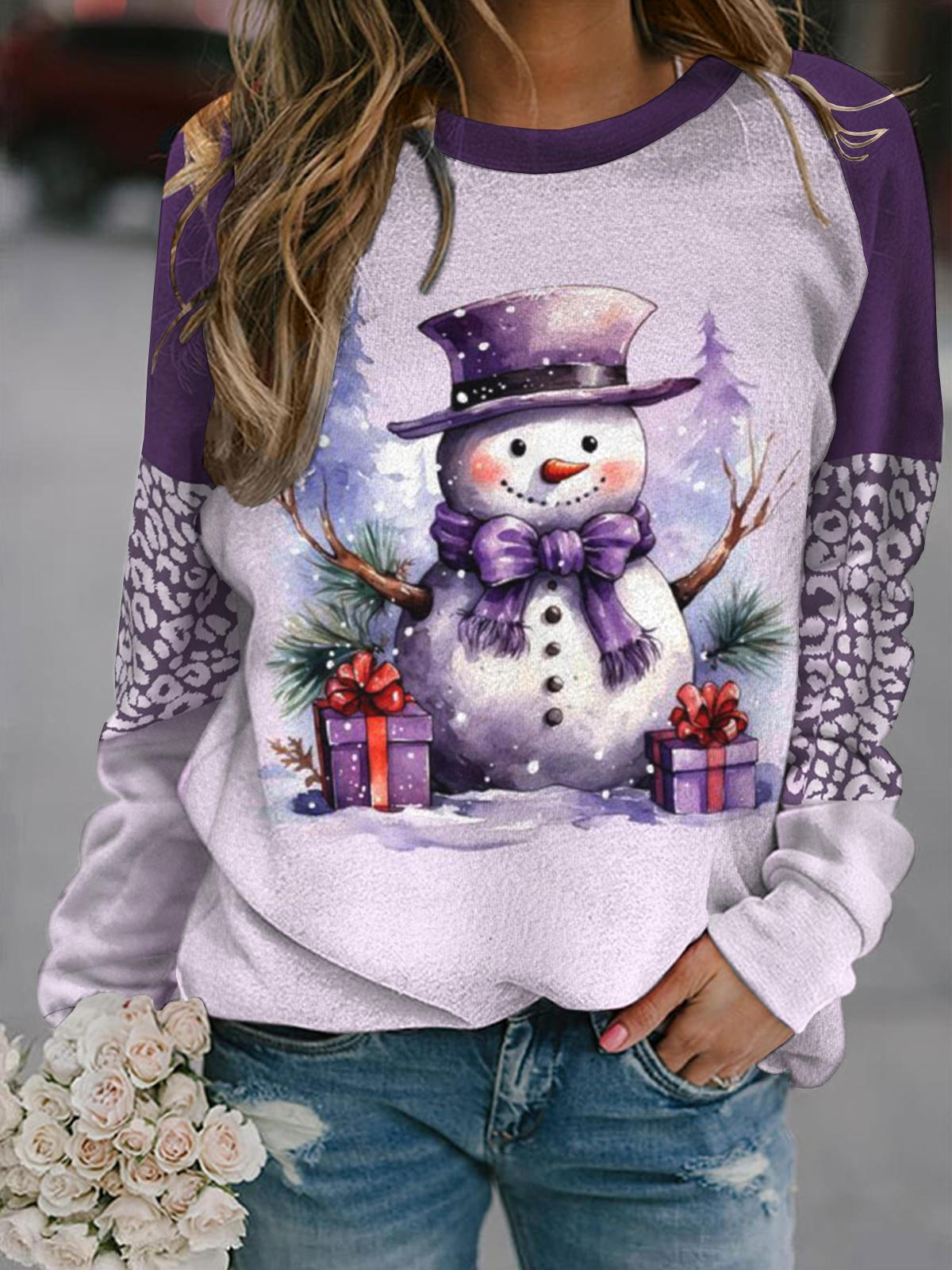 Snowman Leopard Long Sleeve Casual Top