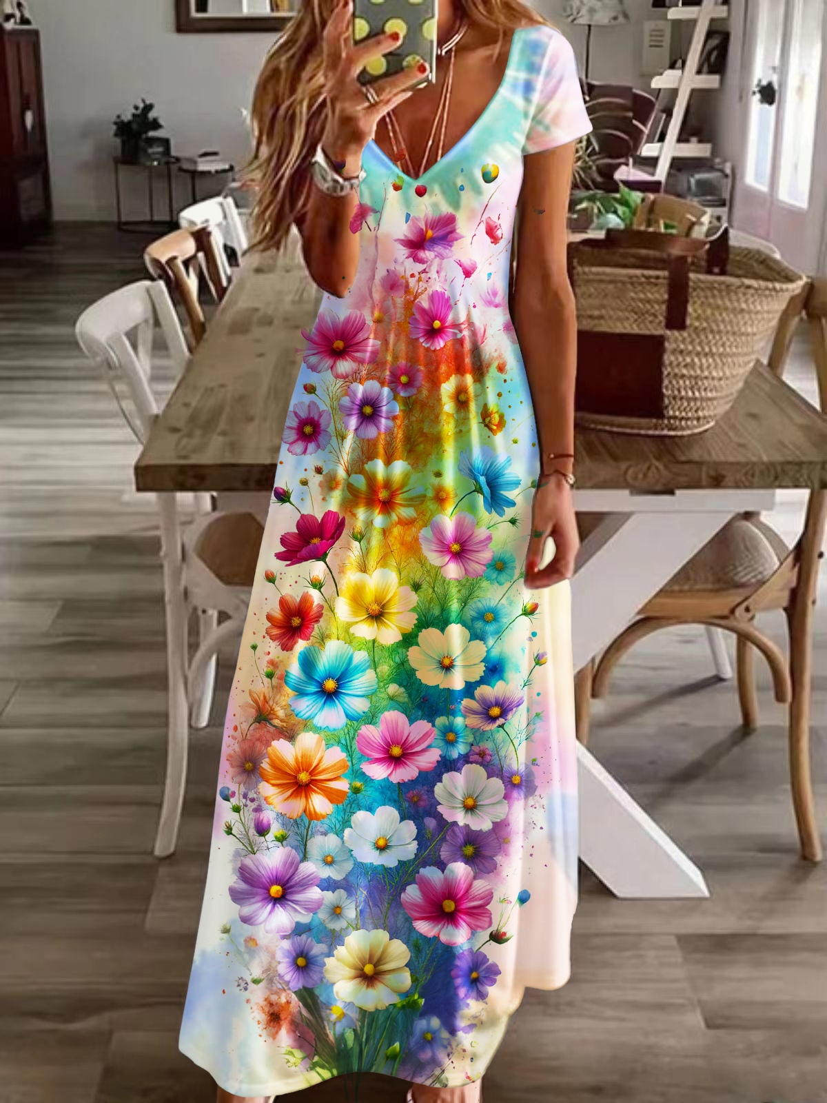 Spring And Summer Atmosphere With Colorful Tie-dye Flowers Short Sleeve V Neck Maxi Dress
