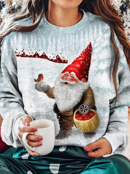 Women's Winter Gnome Print Crew Neck Long Sleeve Top