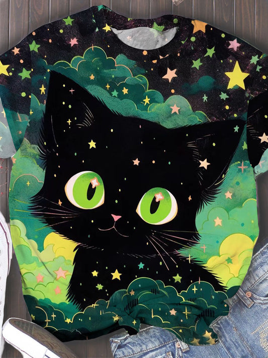 Women's Summer Cat and Night Sky Stars Printed Round Neck Short Sleeve T-Shirt