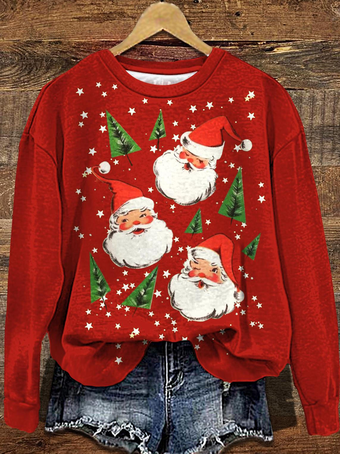 Women's Retro Santa Print Long Sleeve Casual Top