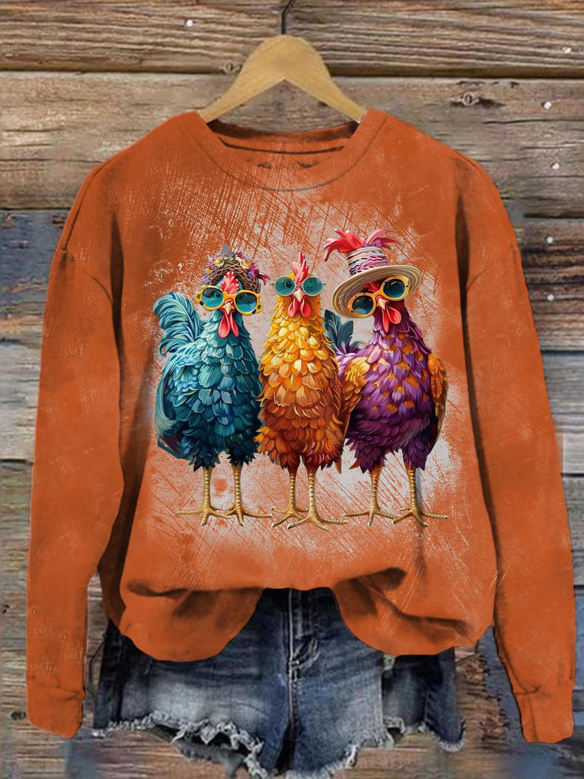 Women's Fall Funny Rooster Vintage Print Long Sleeve Top