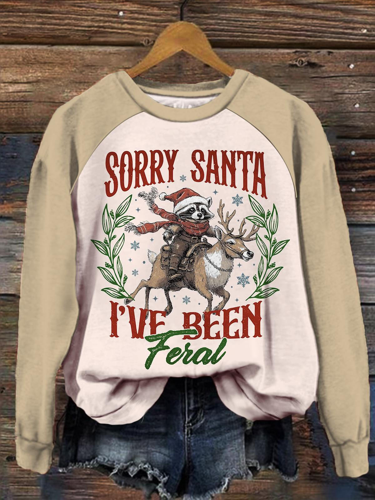 Women's Sorry Santa Raccoon and Elk Print Long Sleeve Top