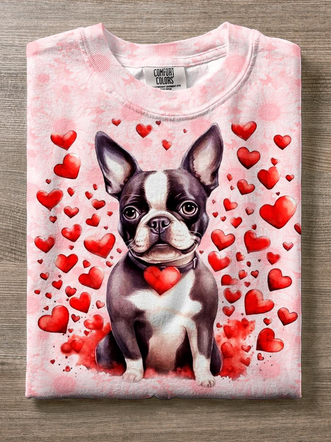 Retro Love Valentine's Day Cute French Bulldog Crew Neck T-shirt