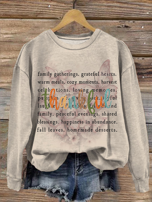 Women's Retro Thankful Butterfly Crew Neck Casual Sweatshirt