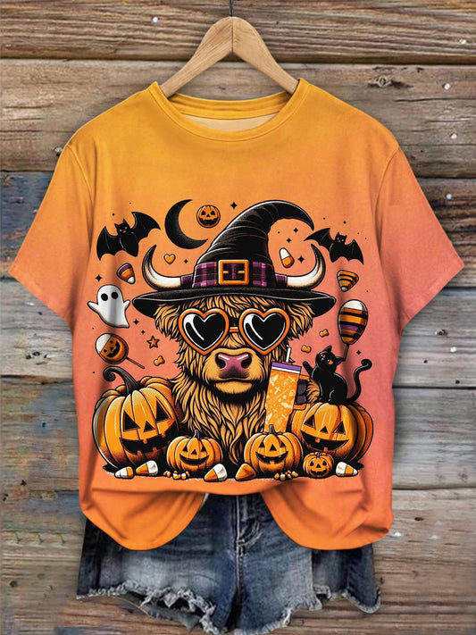 Halloween Highland Cow Print Casual Short Sleeve Top