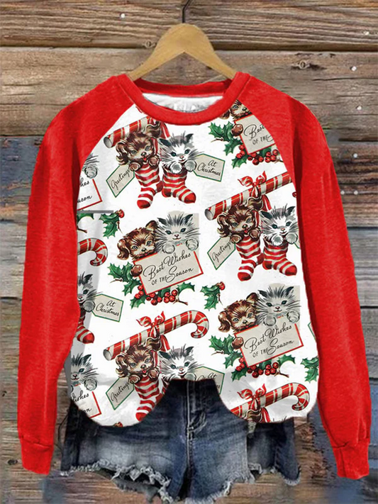 Women's Christmas Cute Cat Card Print Round Neck Long Sleeve Top