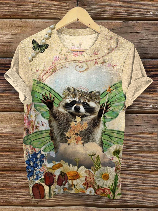 Butterfly Raccoon Print Crew Neck T-shirt