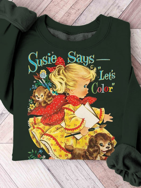 Women's Christmas Susie Says Girls Vintage Print Crew Neck Long Sleeve Top