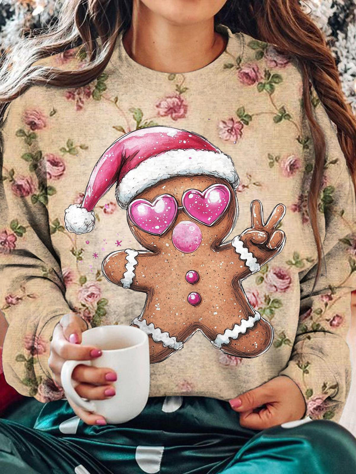 Christmas Cute Cookie Man Retro Print Long Sleeve Top