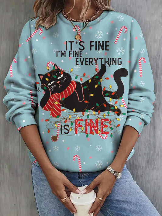 It's Fine I'm Fine Everything Is Fine Cat Christmas Print Long Sleeve Top