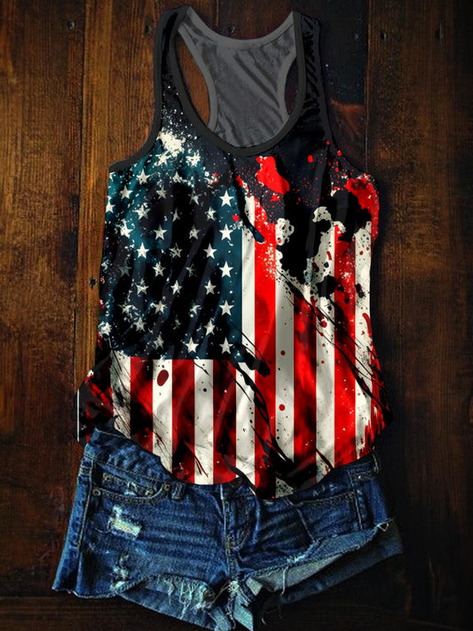 Graffiti American Flag Printed Casual Tank Top