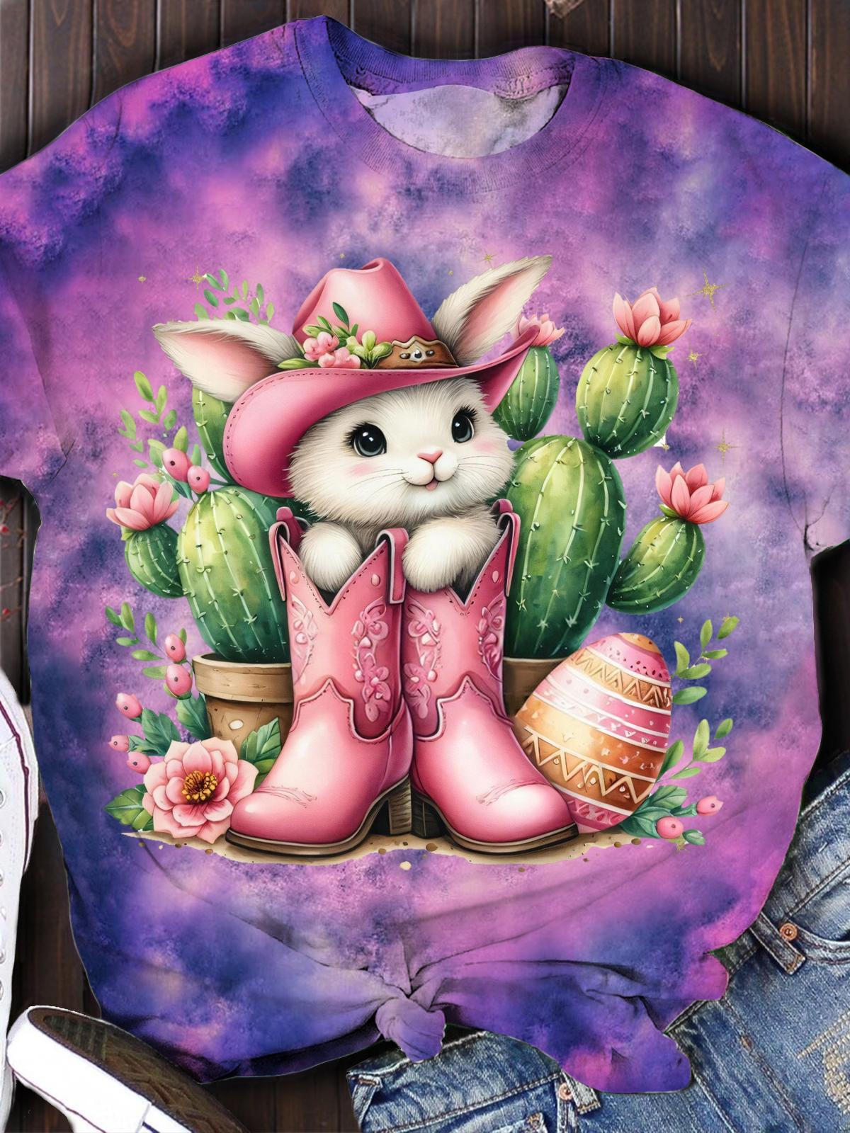 Howdy Easter Pink Cowgirl Bunny Crew Neck T-shirt