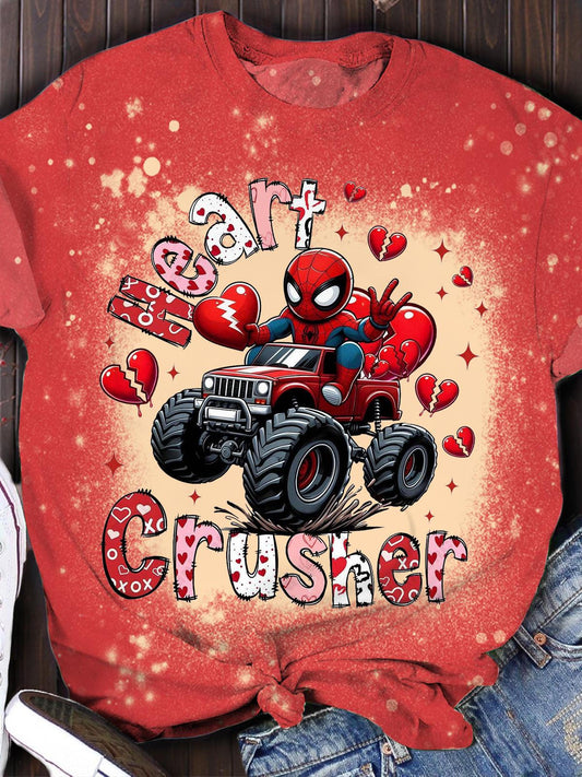 Happy Valentine's Day Heart Crusher Car Fun Print Casual T-shirt