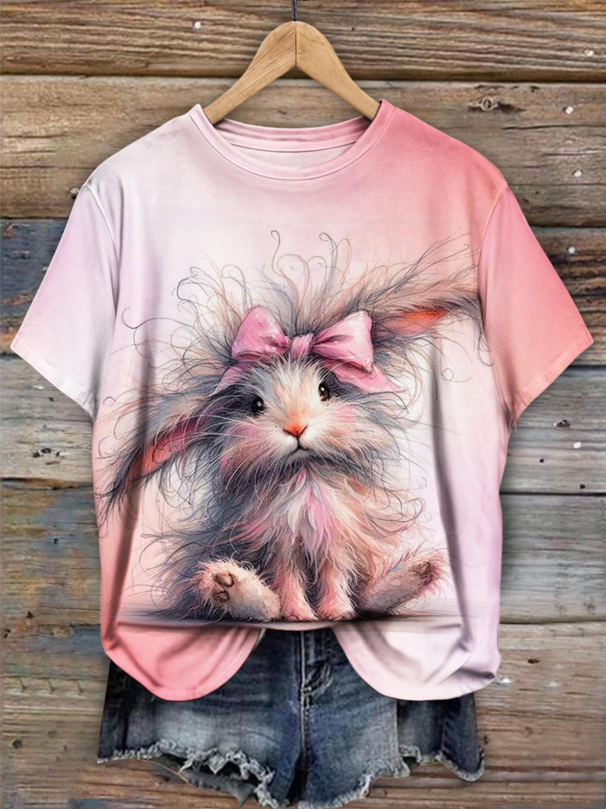 Pink Rabbit Print Casual T-Shirt