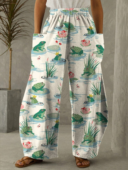 Vintage Frogs In Lotus Pond Print Casual Pants