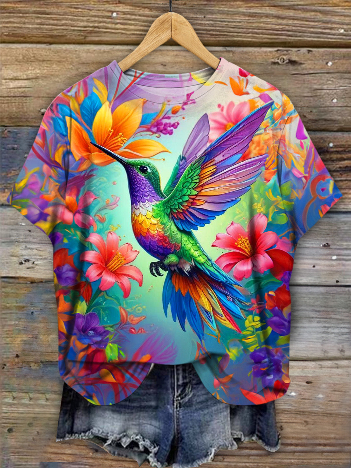 Hummingbird Flowers Crew Neck T-shirt