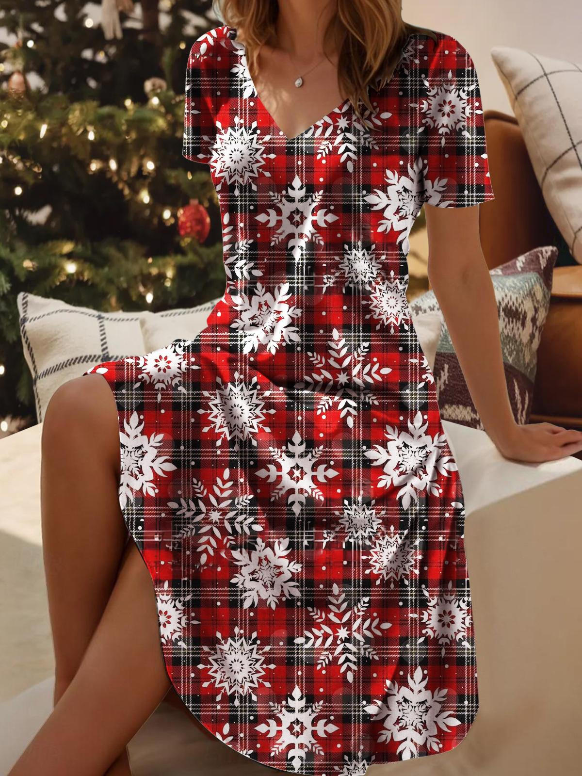 Women's Christmas Plaid Snowflake V Neck Short Sleeve Dress