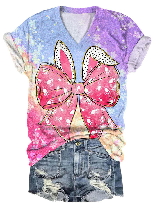 Cute Rabbit Bow Easter Day Tie Dye Gradient Print T-shirt