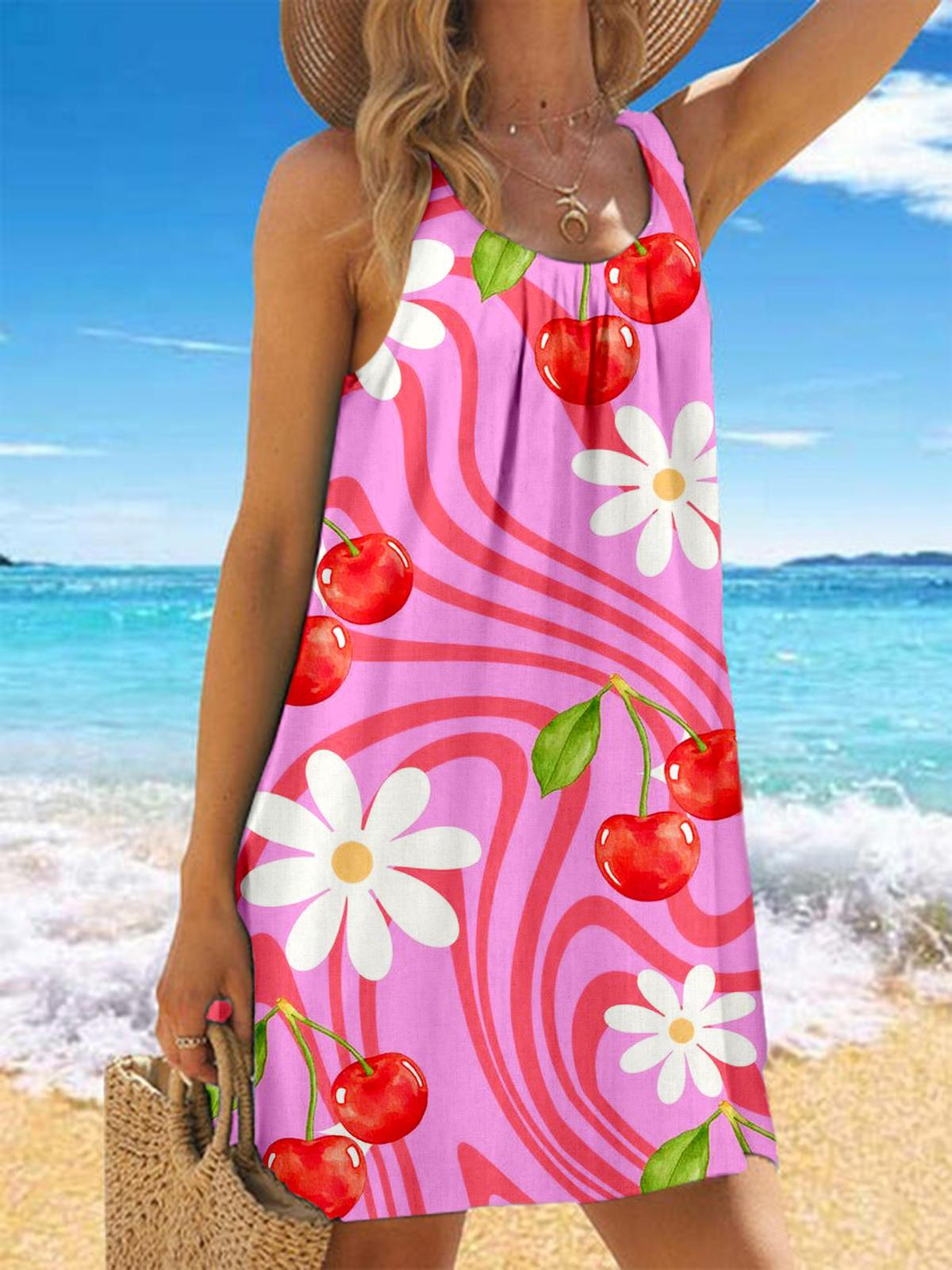 Flower Cherry Print Casual Beach Dress