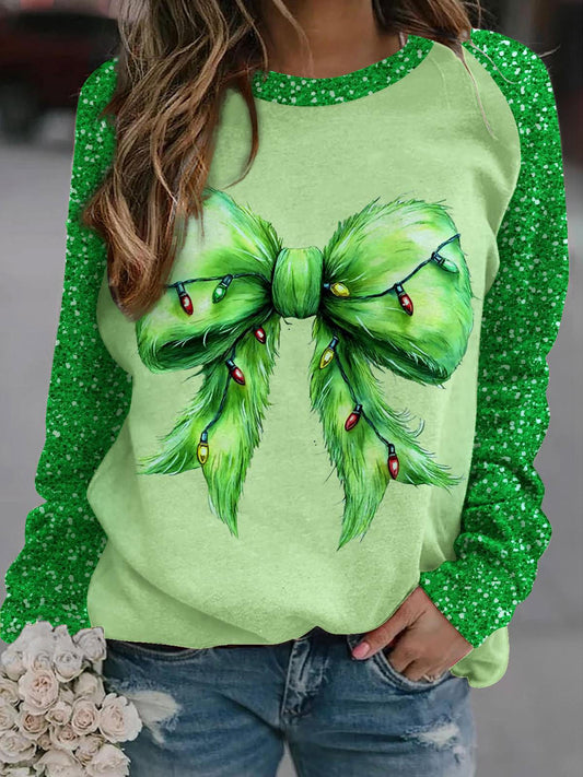 Women's Christmas Lights Bow Green Guy Print Round Neck Long Sleeve Top