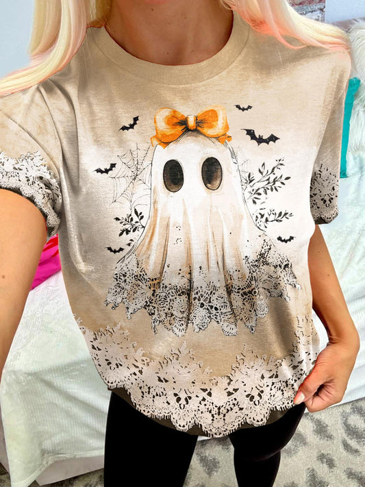 Women's Halloween Lace Ghost Faux Lace Print Crew Neck T-shirt