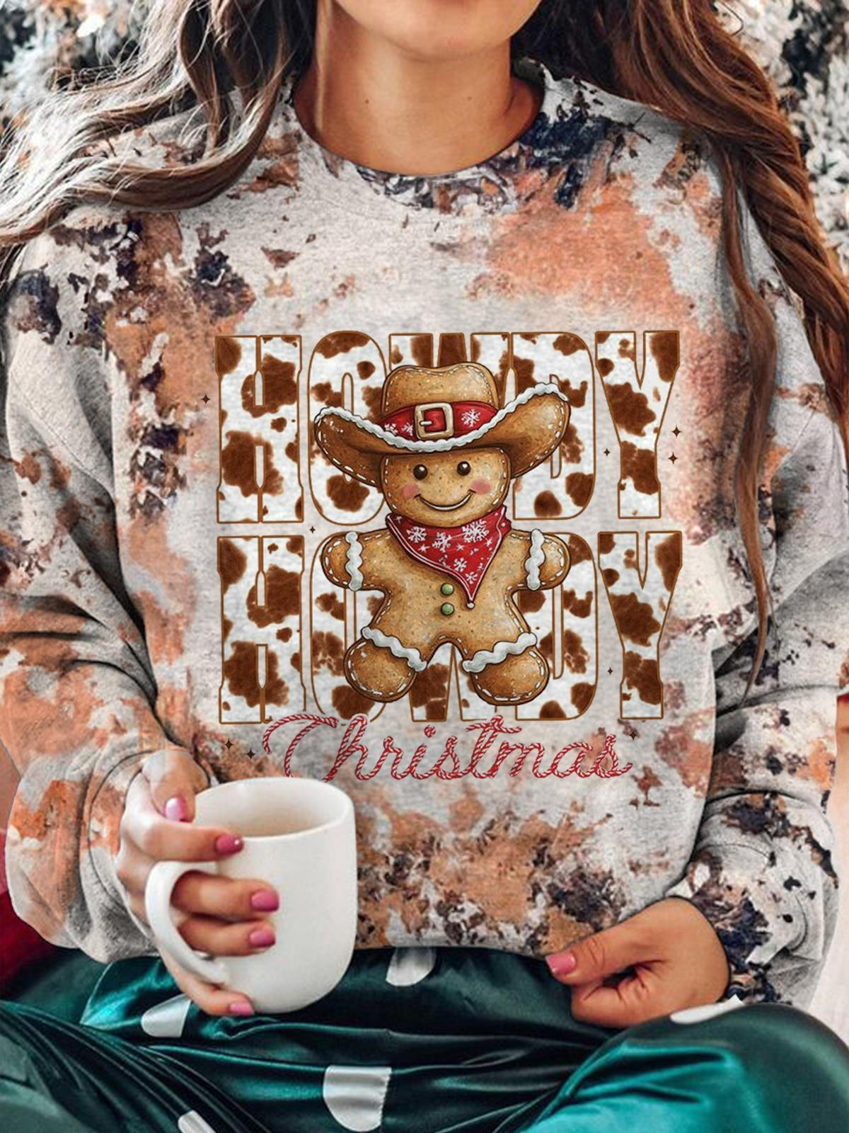 Western Gingerbread Christmas Printed Long Sleeve Casual Top