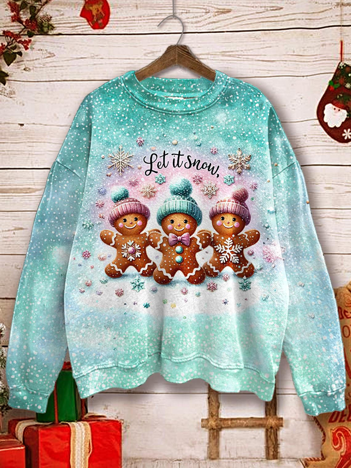 Women's Winter Christmas Gingerbread Man Printed Long Sleeve Casual Top