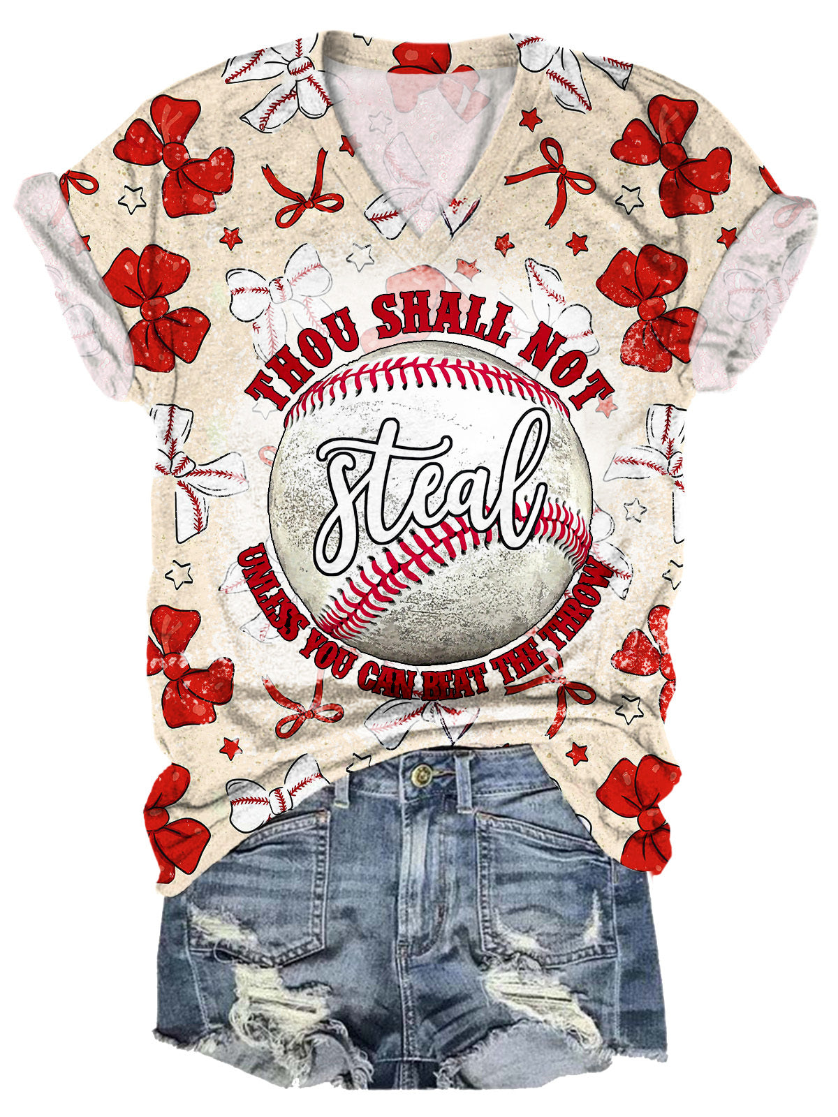 Thou Shall Not Steal Vintage Baseball Bow Print T-shirt