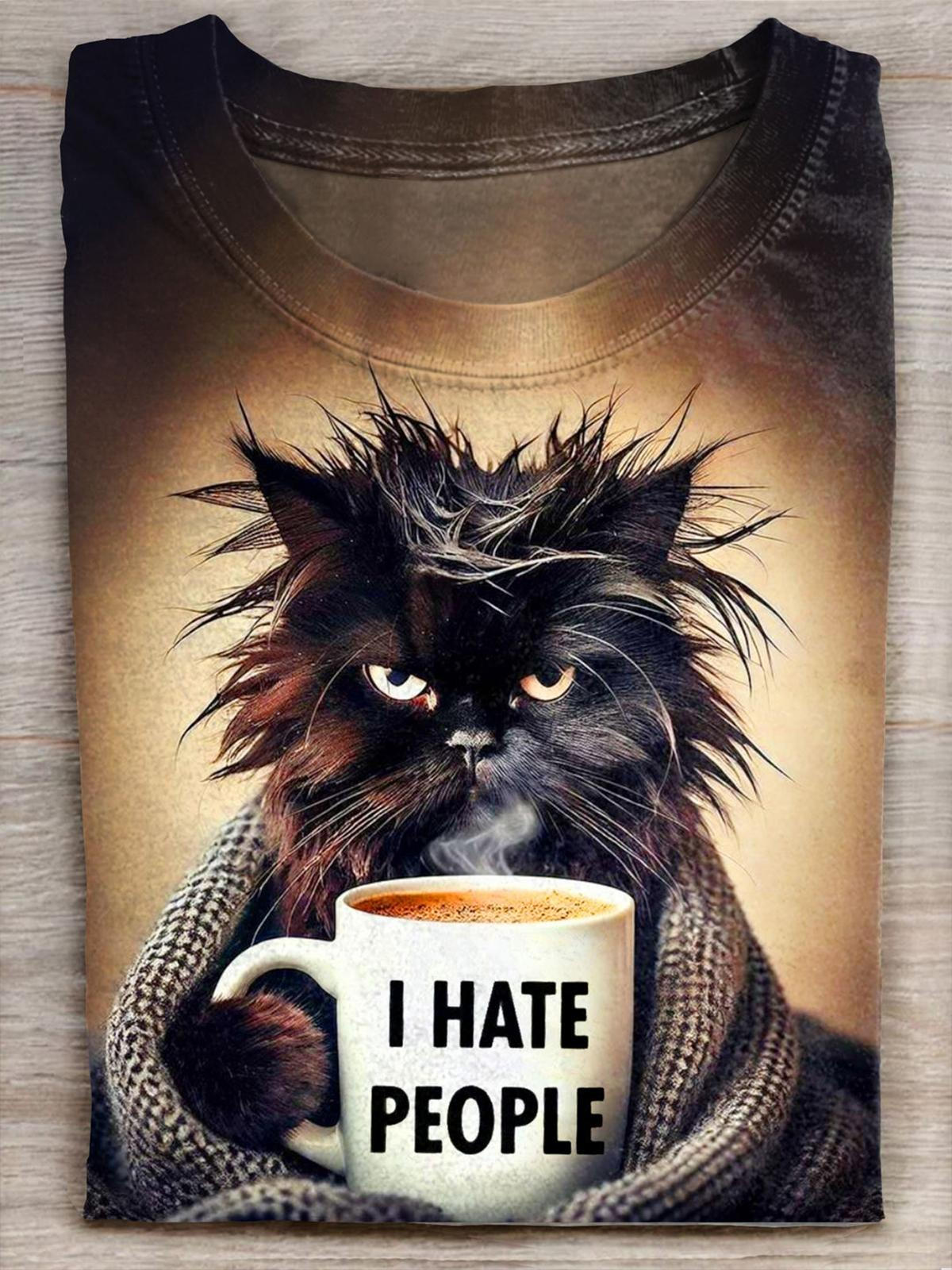 Funny I Hate People Black Cat Art Print Casual Crew Neck T-shirt