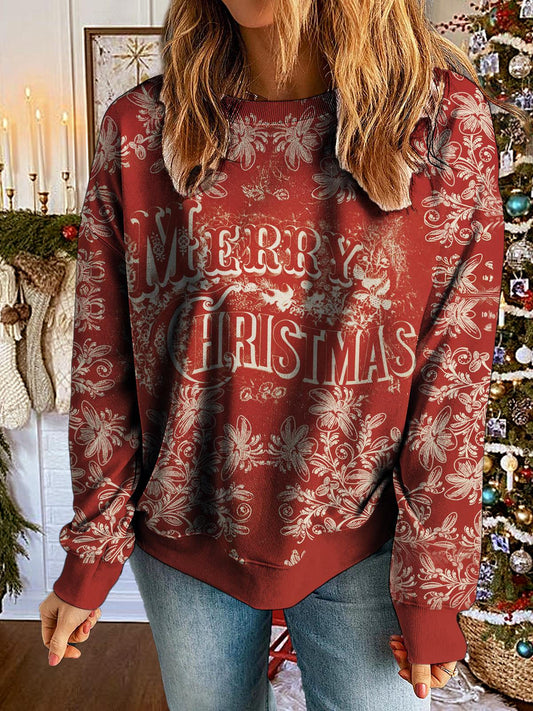 Merry Christmas Retro Printed Long Sleeve Casual Top