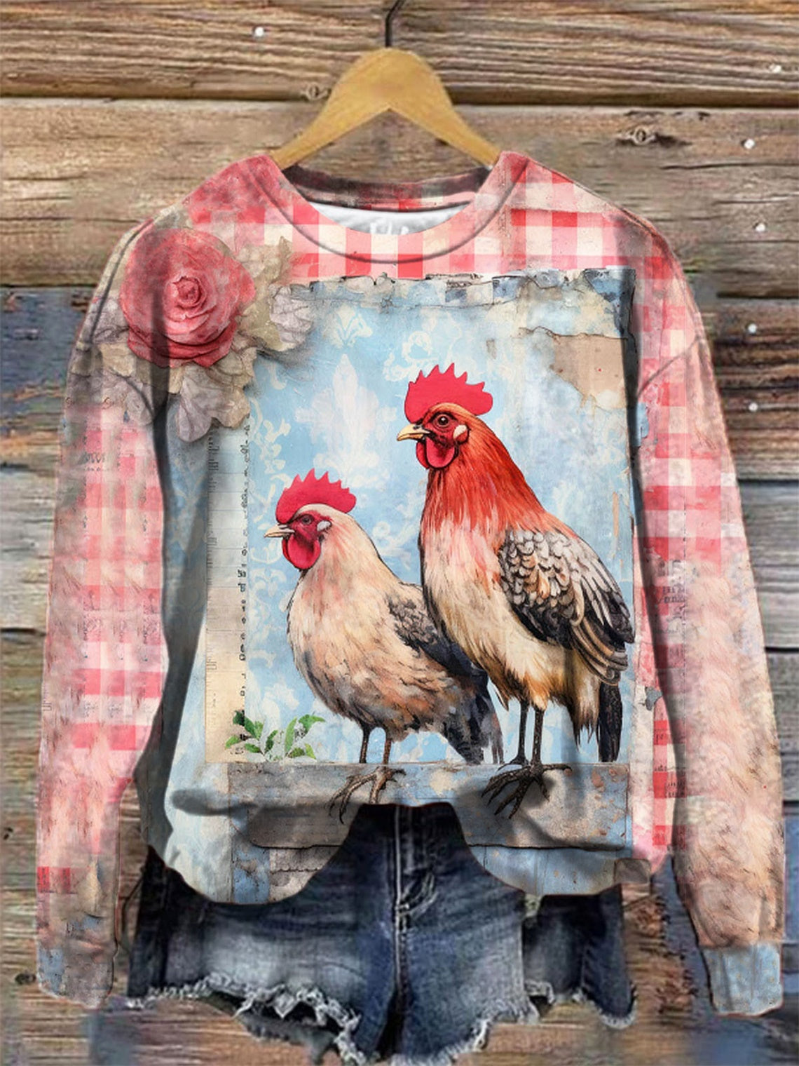 Women's Retro Chicken Print Round Neck Long Sleeve Top