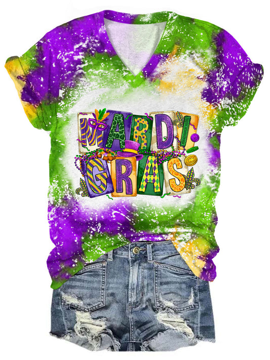 Mardi Gras Print V-Neck Short Sleeve T-Shirt