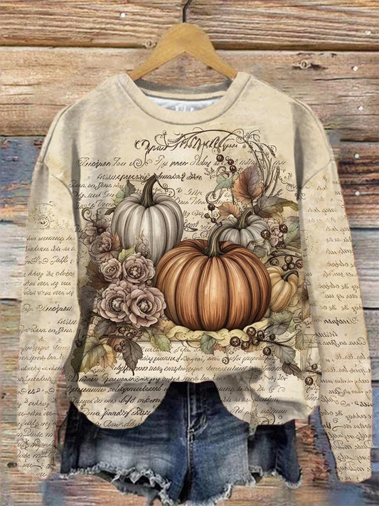 Women's Retro Pumpkin Print Crew Neck Long Sleeve Top